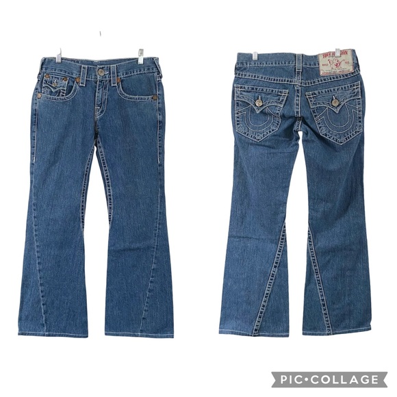 True Religion Joey Big T Women's Medium Wash Mid Rise Jeans Flare Leg Size 30” - Picture 1 of 14